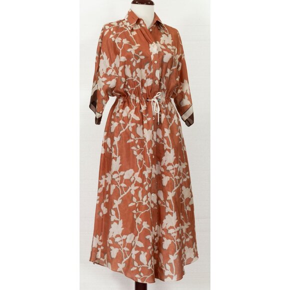 $5824 BRUNELLO CUCINELLI SILK FLORAL-PRINT SHIRT DRESS IN ORANGE S - Picture 7 of 10